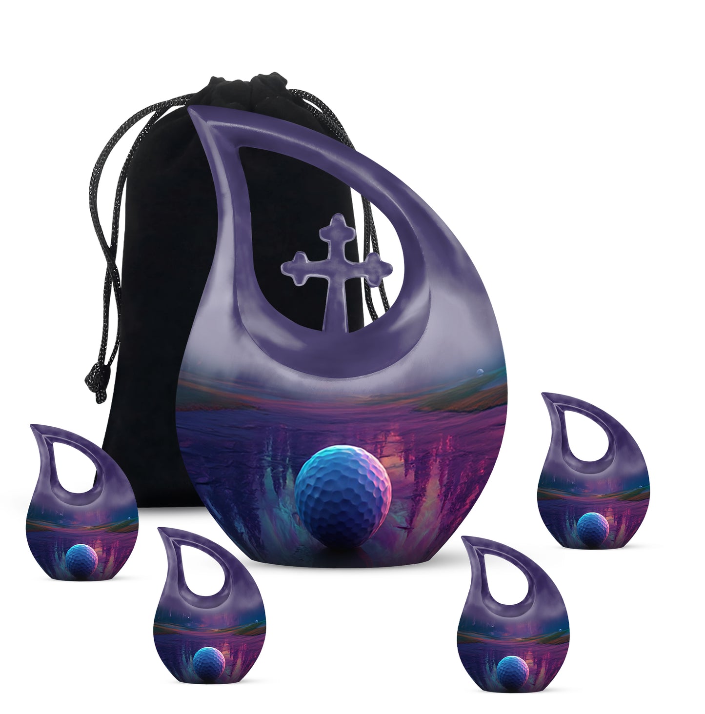 Royal Purple Golf Cremation Urn urn with complimentary velvet bag - faith-inspired cross-drop urn with golf pattern - memorial set with one large and four small urns