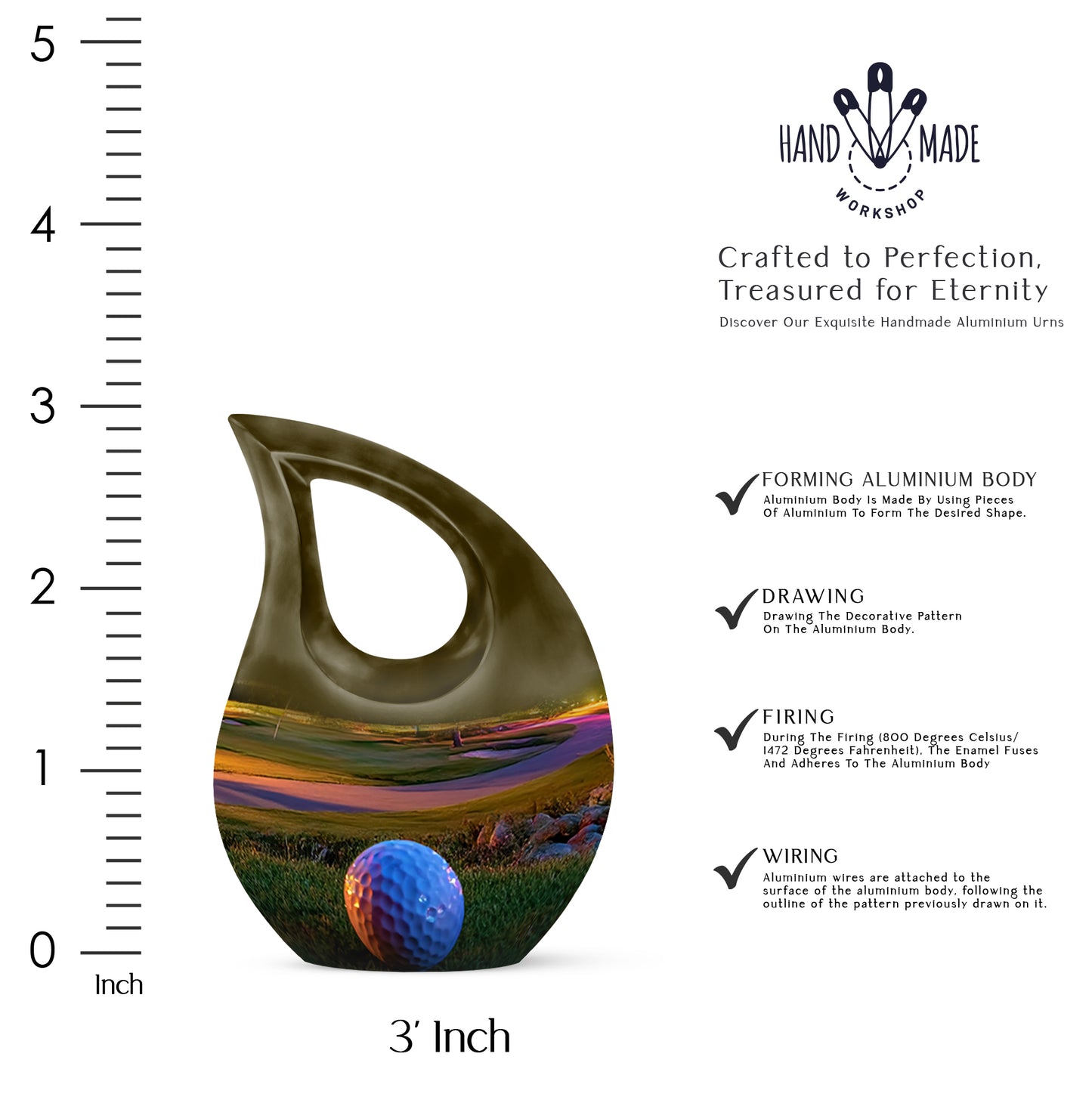 Matte Gold Golf Cremation Urn back view with polished surface - faith-inspired cross-drop urn with golf pattern - mini keepsake memorial for portion of cremation ashes