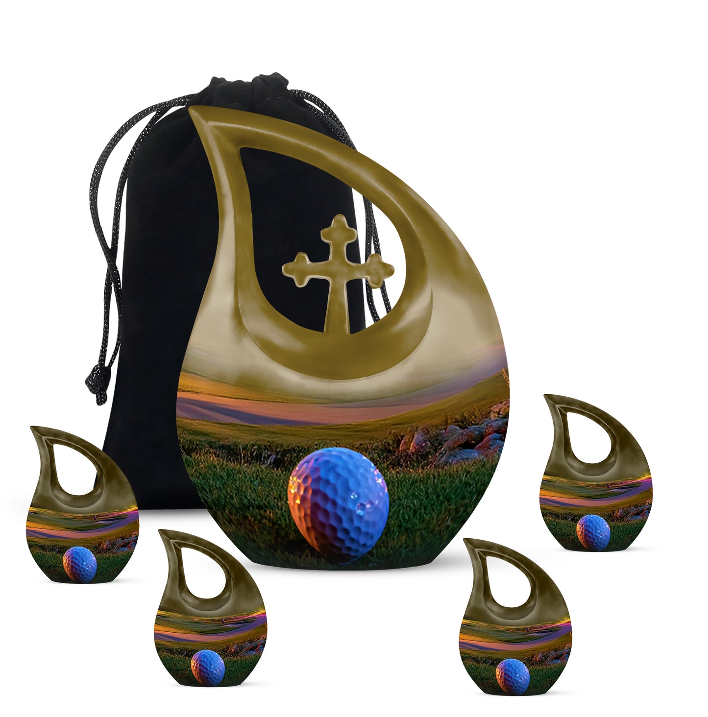 Gilded Gold Golf Cremation Urn urn with complimentary velvet bag - sacred cross merged with golf motif on metal - memorial set with one large and four small urns