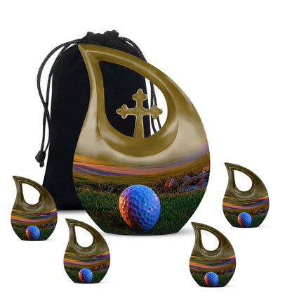 Gilded Gold Golf Cremation Urn urn with complimentary velvet bag - sacred cross merged with golf motif on metal - memorial set with one large and four small urns