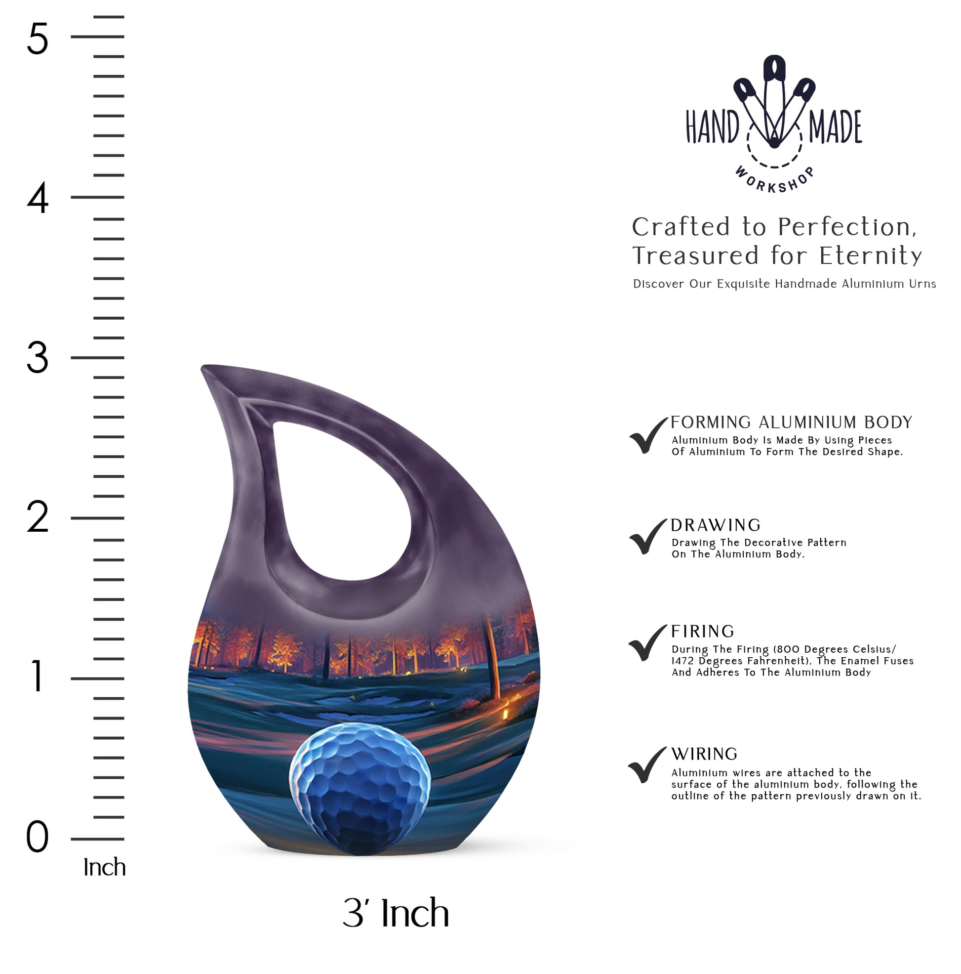 Burgundy Red Golf Cremation Urn back view with polished surface - cross and golf combined in spiritual memorial design - mini keepsake memorial for portion of cremation ashes