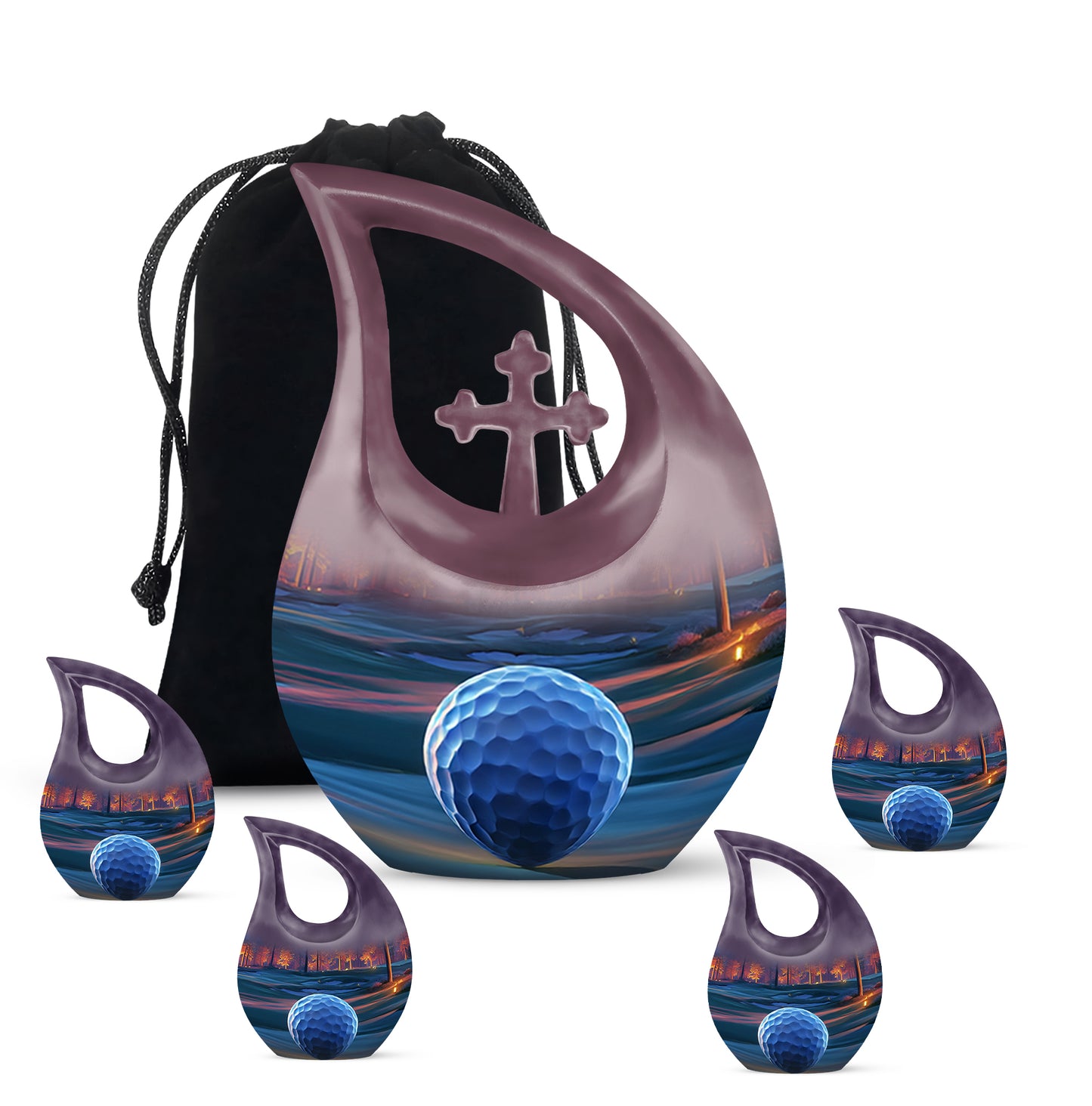 Deep Red Golf Cremation Urn urn with complimentary velvet bag - cross and golf combined in spiritual memorial design - memorial set with one large and four small urns