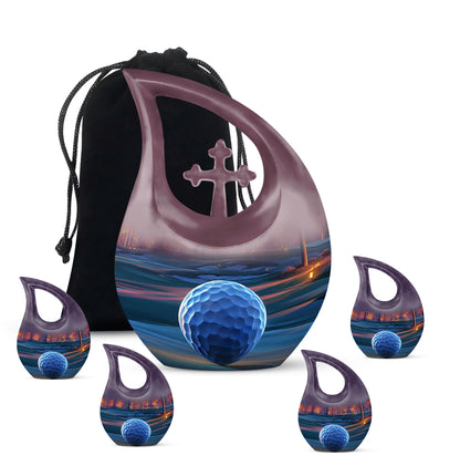 Deep Red Golf Cremation Urn urn with complimentary velvet bag - cross and golf combined in spiritual memorial design - memorial set with one large and four small urns