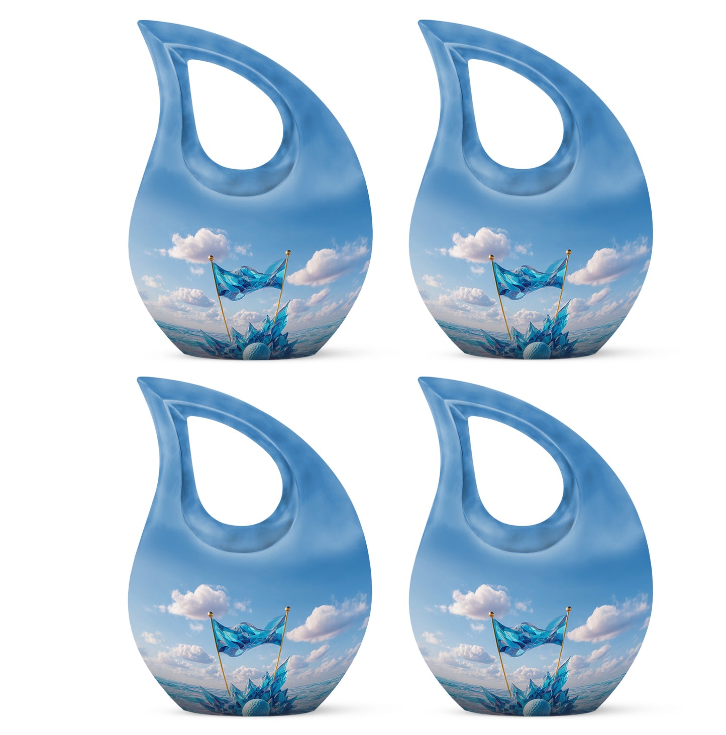Sapphire Blue Golf Cremation Urn lifestyle display on memorial shelf - faith-inspired cross-drop urn with golf pattern - 10 inch aluminum urn for cremated remains