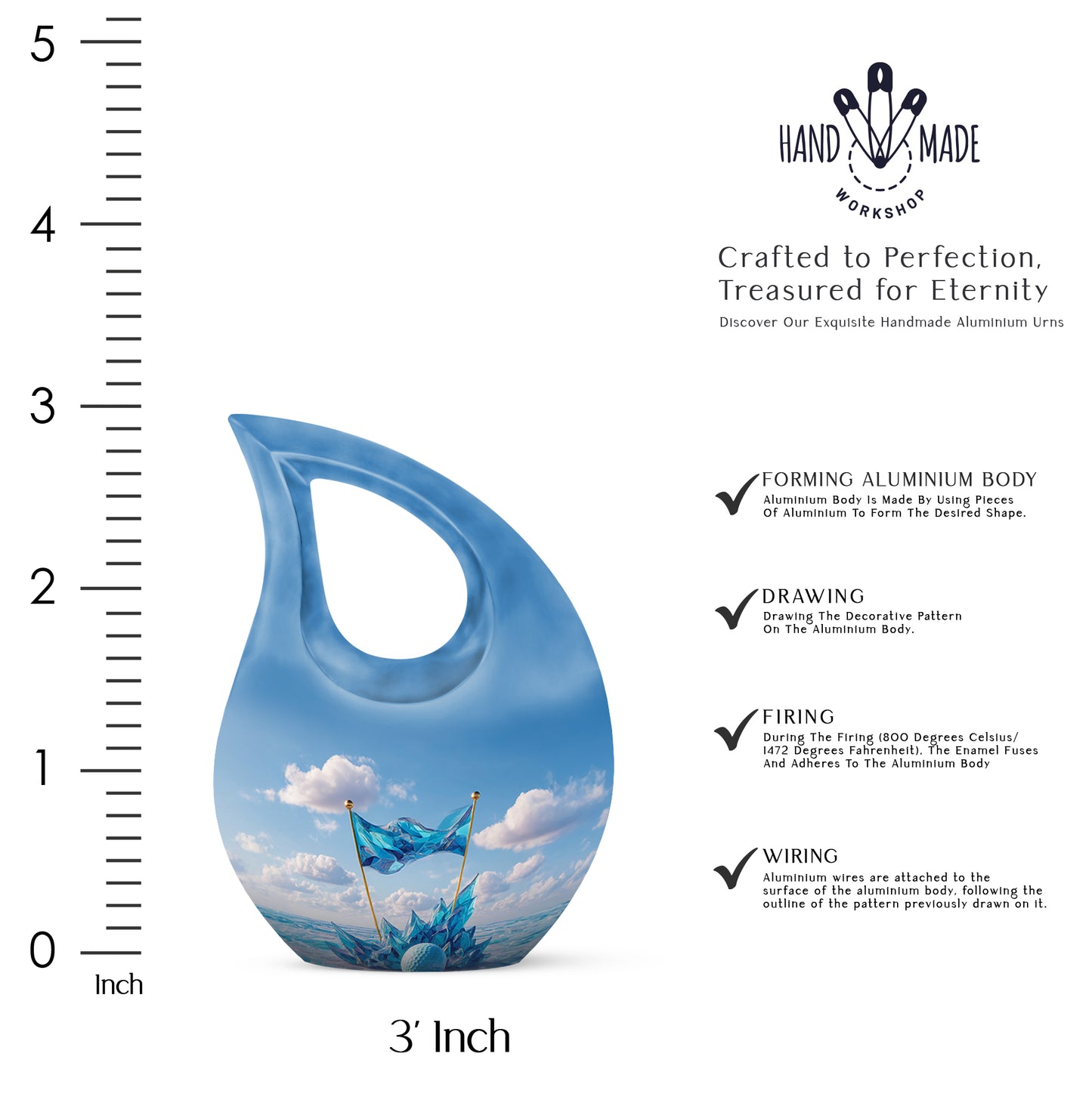 Icy Blue Golf Cremation Urn back view with polished surface - cross and golf combined in spiritual memorial design - mini keepsake memorial for portion of cremation ashes