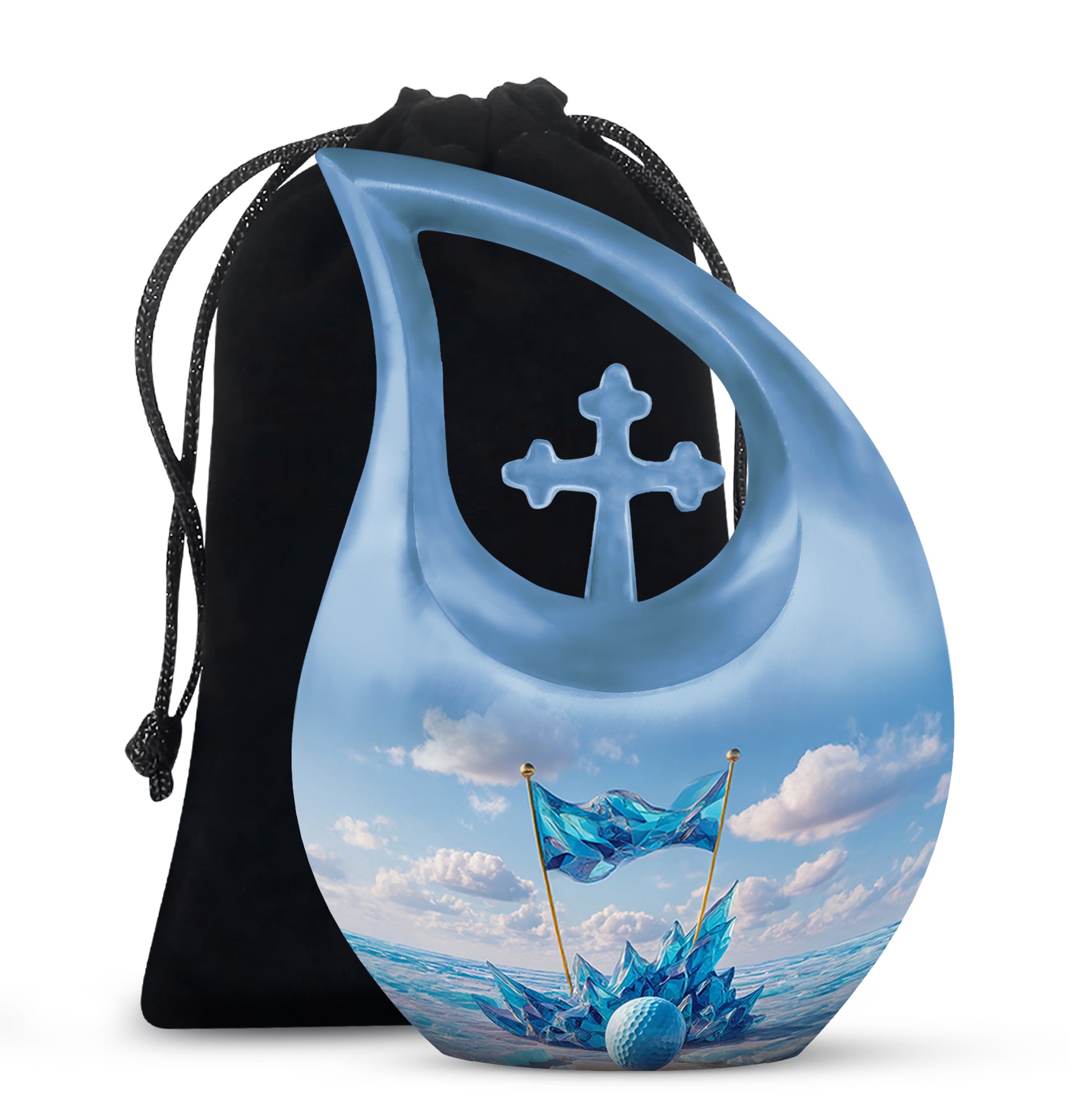 Slate Blue Golf Cremation Urn top-down view of secure threaded lid - sacred cross merged with golf motif on metal - full-size 10 inch 200 cubic inch adult cremation urn