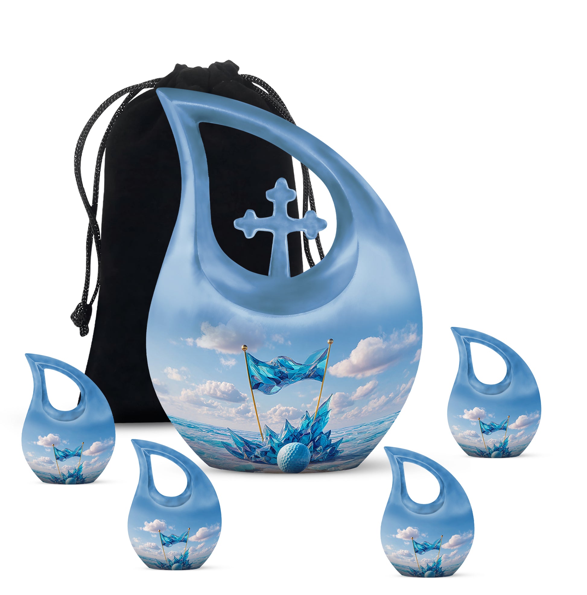 Pastel Blue Golf Cremation Urn urn with complimentary velvet bag - sacred cross merged with golf motif on metal - memorial set with one large and four small urns