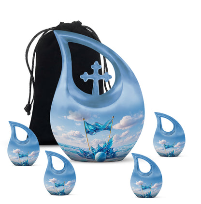 Pastel Blue Golf Cremation Urn urn with complimentary velvet bag - sacred cross merged with golf motif on metal - memorial set with one large and four small urns