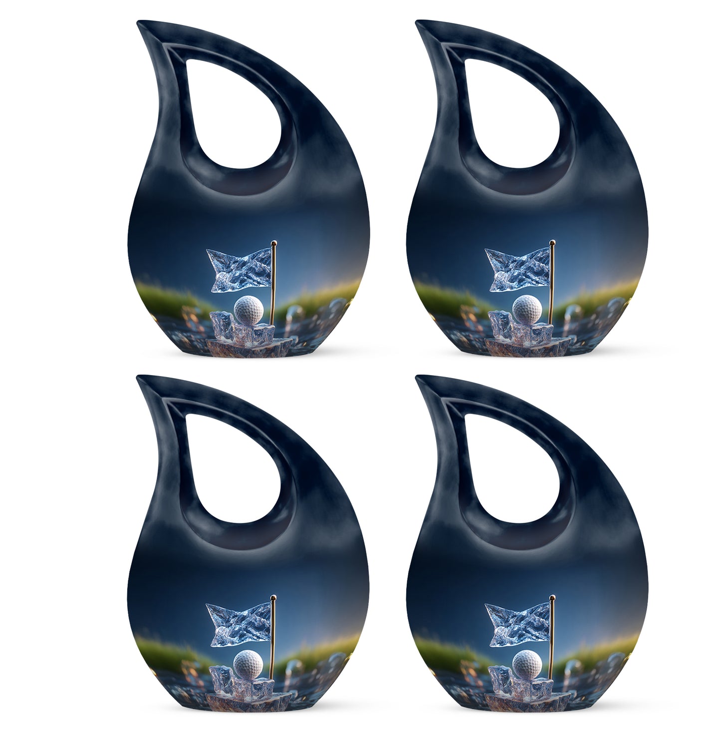 Sky Blue Golf Cremation Urn lifestyle display on memorial shelf - sacred cross merged with golf motif on metal - 10 inch aluminum urn for cremated remains