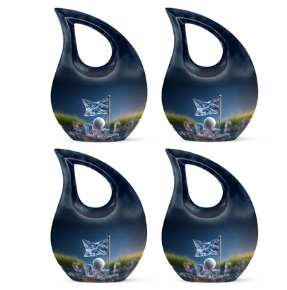 Sky Blue Golf Cremation Urn lifestyle display on memorial shelf - sacred cross merged with golf motif on metal - 10 inch aluminum urn for cremated remains