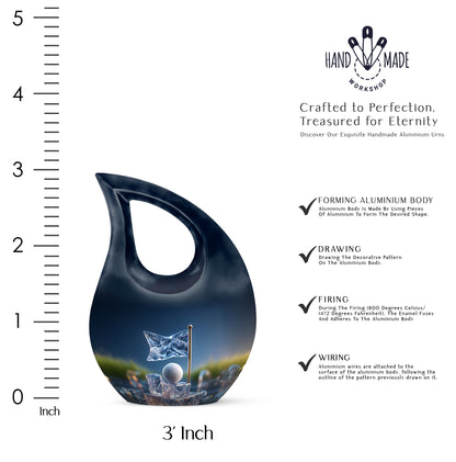 Twilight Blue Golf Cremation Urn back view with polished surface - faith-inspired cross-drop urn with golf pattern - mini keepsake memorial for portion of cremation ashes