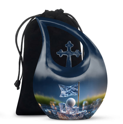Serene Blue Golf Cremation Urn top-down view of secure threaded lid - faith-inspired cross-drop urn with golf pattern - full-size 10 inch 200 cubic inch adult cremation urn