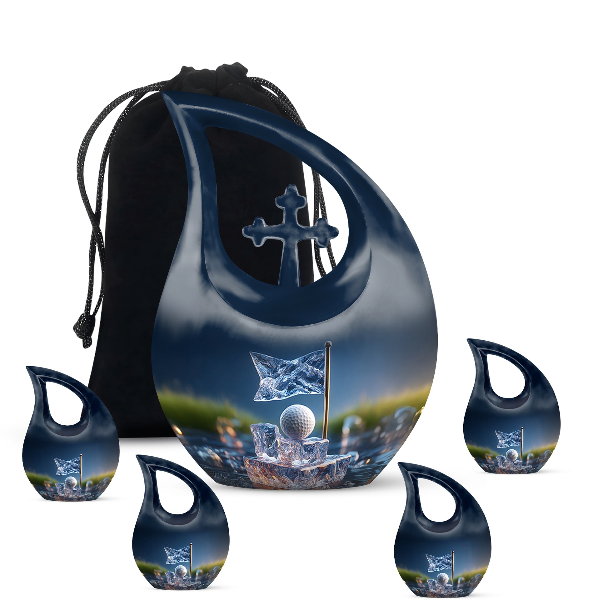 Soft Blue Golf Cremation Urn urn with complimentary velvet bag - devotional cross-drop golf engraving - memorial set with one large and four small urns