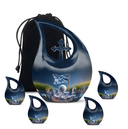 Soft Blue Golf Cremation Urn urn with complimentary velvet bag - devotional cross-drop golf engraving - memorial set with one large and four small urns