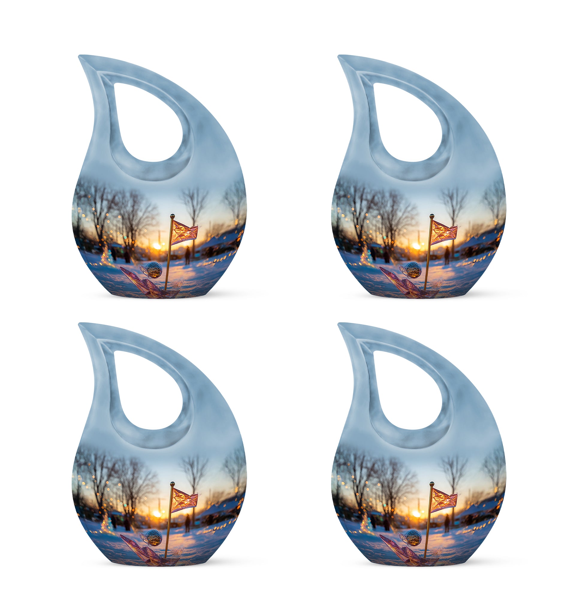 Cornflower Blue Golf Cremation Urn lifestyle display on memorial shelf - faith-inspired cross-drop urn with golf pattern - 10 inch aluminum urn for cremated remains