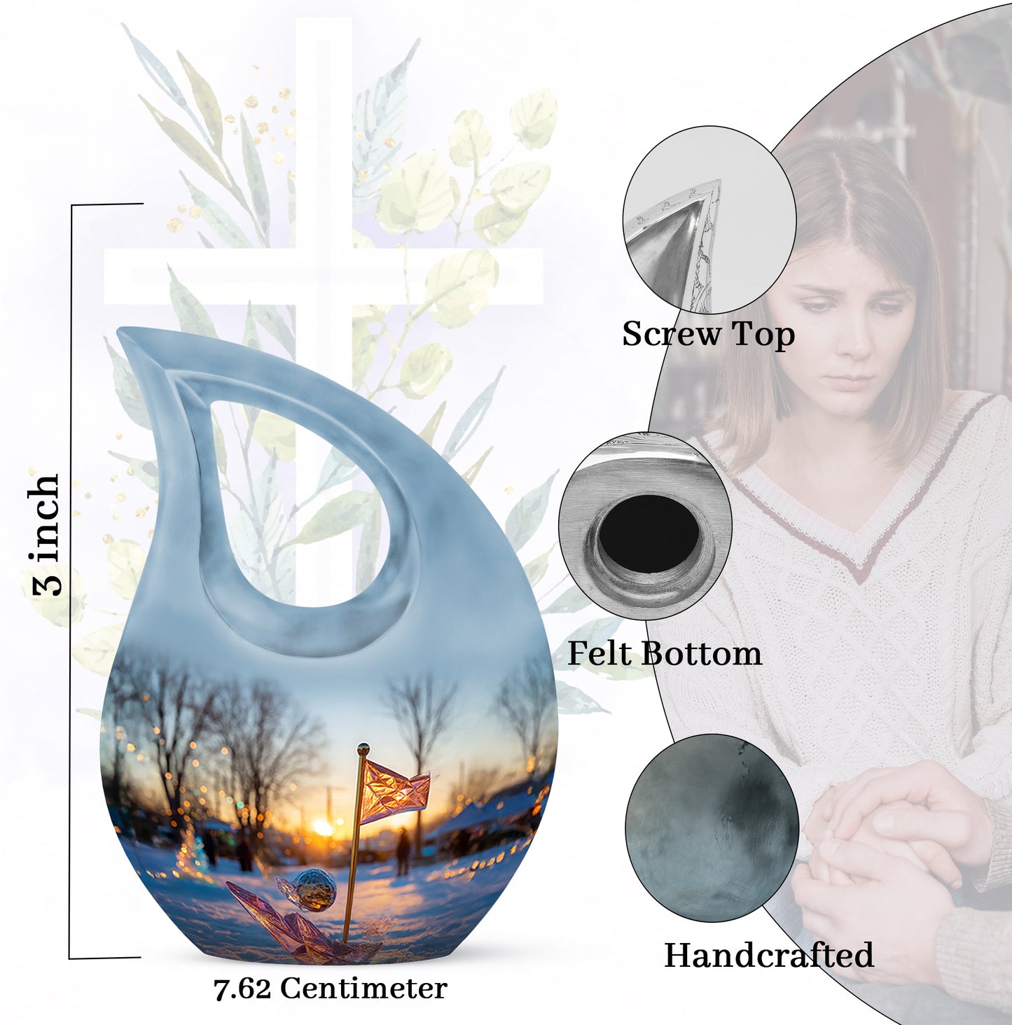Sapphire Blue Golf Cremation Urn back view with polished surface - faith-inspired cross-drop urn with golf pattern - mini keepsake memorial for portion of cremation ashes
