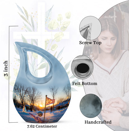 Sapphire Blue Golf Cremation Urn back view with polished surface - faith-inspired cross-drop urn with golf pattern - mini keepsake memorial for portion of cremation ashes