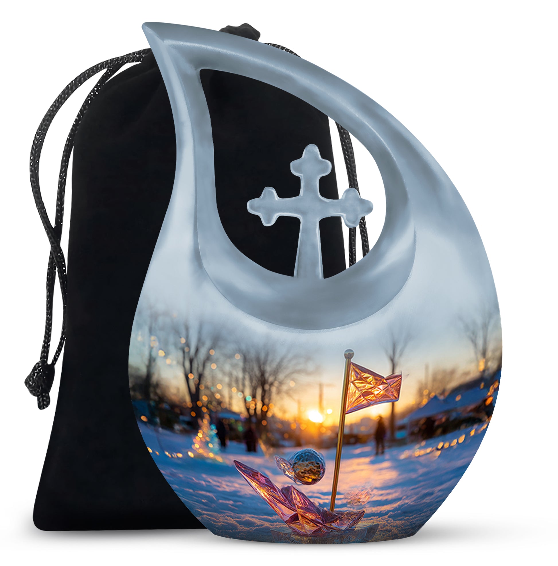 Powder Blue Golf Cremation Urn top-down view of secure threaded lid - cross and golf combined in spiritual memorial design - full-size 10 inch 200 cubic inch adult cremation urn