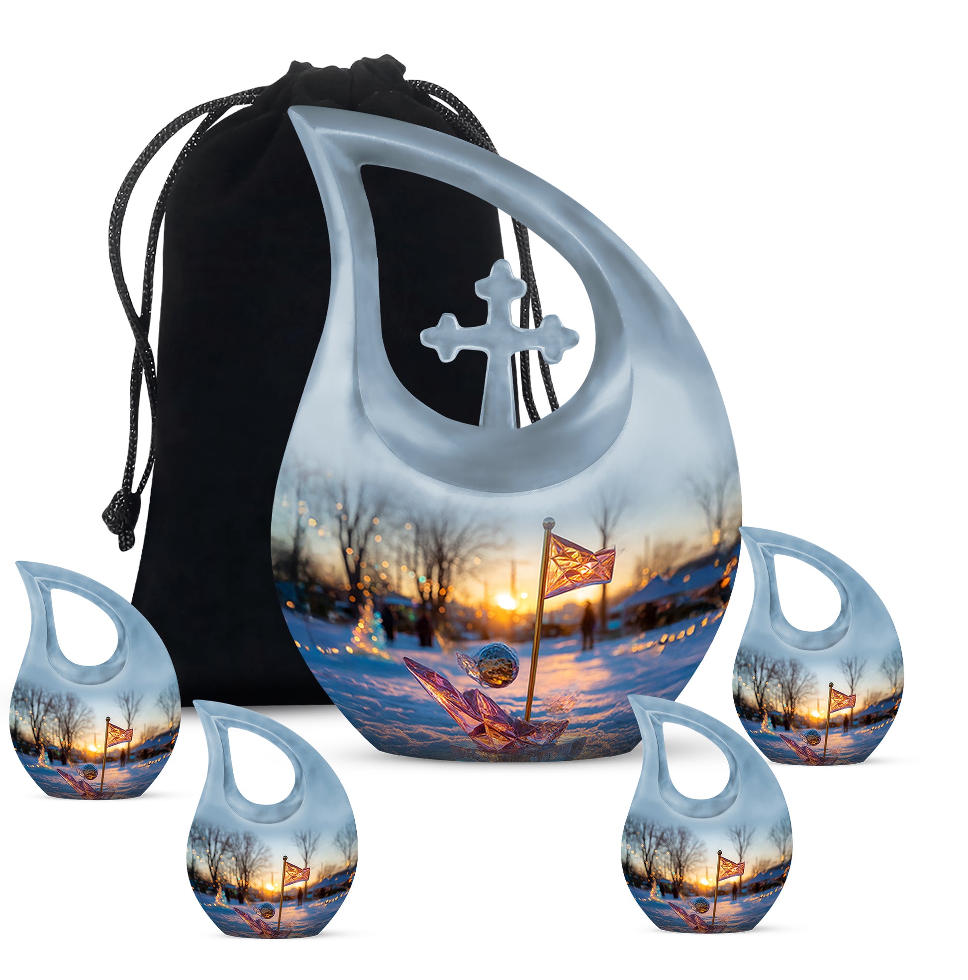 Cornflower Blue Golf Cremation Urn urn with complimentary velvet bag - devotional cross-drop golf engraving - memorial set with one large and four small urns