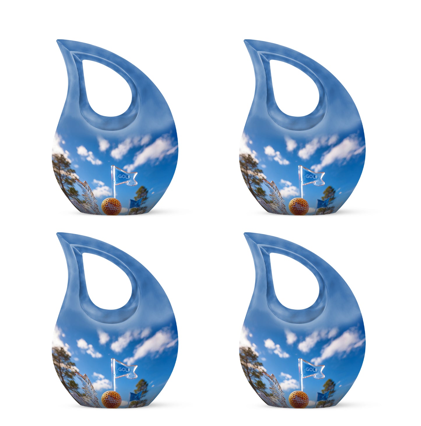 Bright Blue Golf Cremation Urn lifestyle display on memorial shelf - faith-inspired cross-drop urn with golf pattern - 10 inch aluminum urn for cremated remains