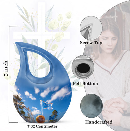 Serene Blue Golf Cremation Urn back view with polished surface - devotional cross-drop golf engraving - mini keepsake memorial for portion of cremation ashes