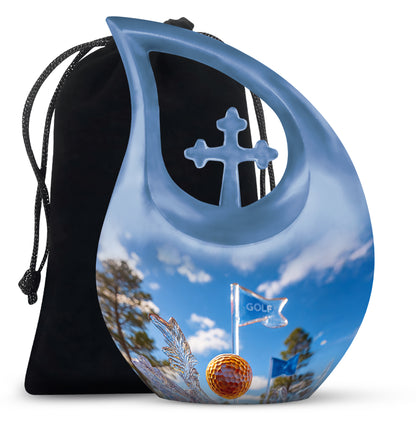 Navy Blue Golf Cremation Urn top-down view of secure threaded lid - cross and golf combined in spiritual memorial design - full-size 10 inch 200 cubic inch adult cremation urn