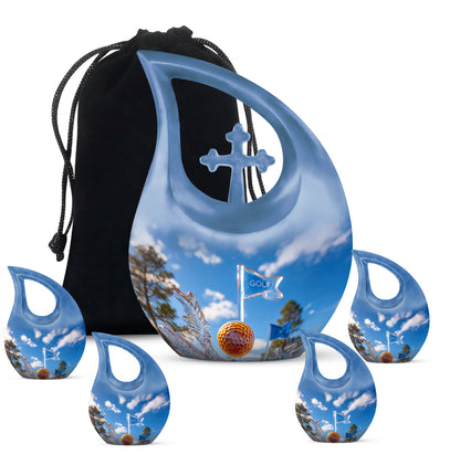 Sapphire Blue Golf Cremation Urn urn with complimentary velvet bag - devotional cross-drop golf engraving - memorial set with one large and four small urns