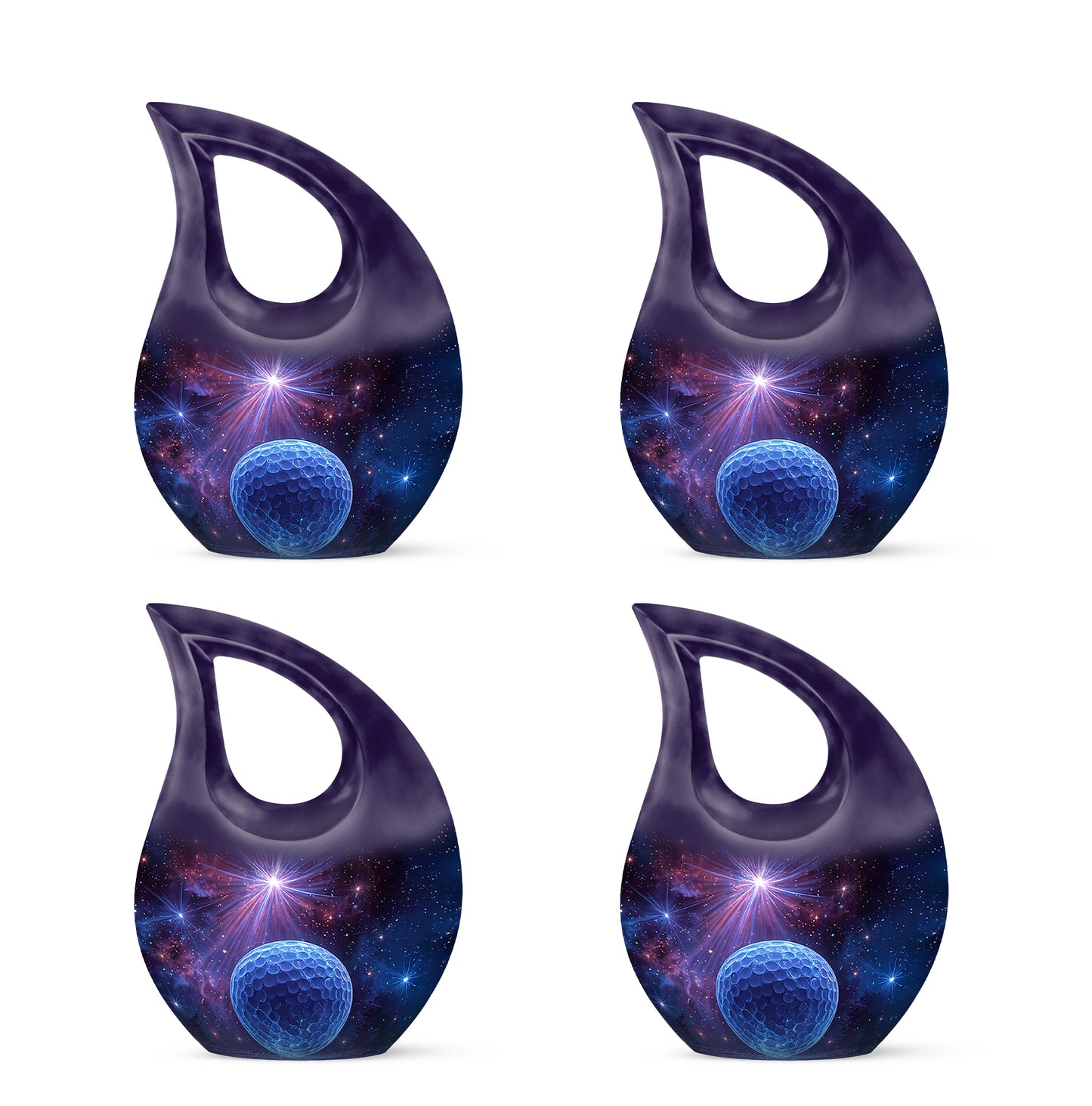 Deep Purple Golf Cremation Urn lifestyle display on memorial shelf - sacred cross merged with golf motif on metal - 10 inch aluminum urn for cremated remains