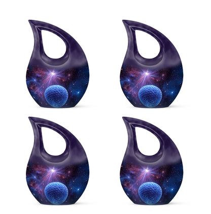Deep Purple Golf Cremation Urn lifestyle display on memorial shelf - sacred cross merged with golf motif on metal - 10 inch aluminum urn for cremated remains