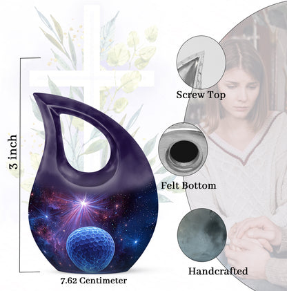 Majestic Purple Golf Cremation Urn back view with polished surface - sacred cross merged with golf motif on metal - mini keepsake memorial for portion of cremation ashes