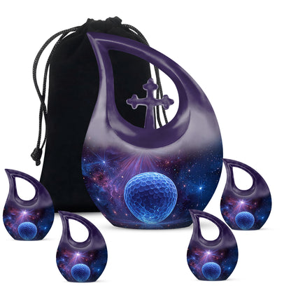 Plum Purple Golf Cremation Urn urn with complimentary velvet bag - sacred cross merged with golf motif on metal - memorial set with one large and four small urns