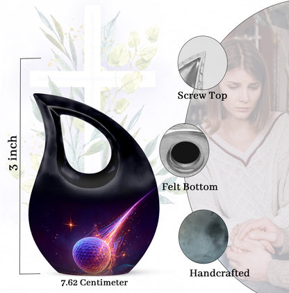 Vivid Blue Golf Cremation Urn back view with polished surface - faith-inspired cross-drop urn with golf pattern - mini keepsake memorial for portion of cremation ashes