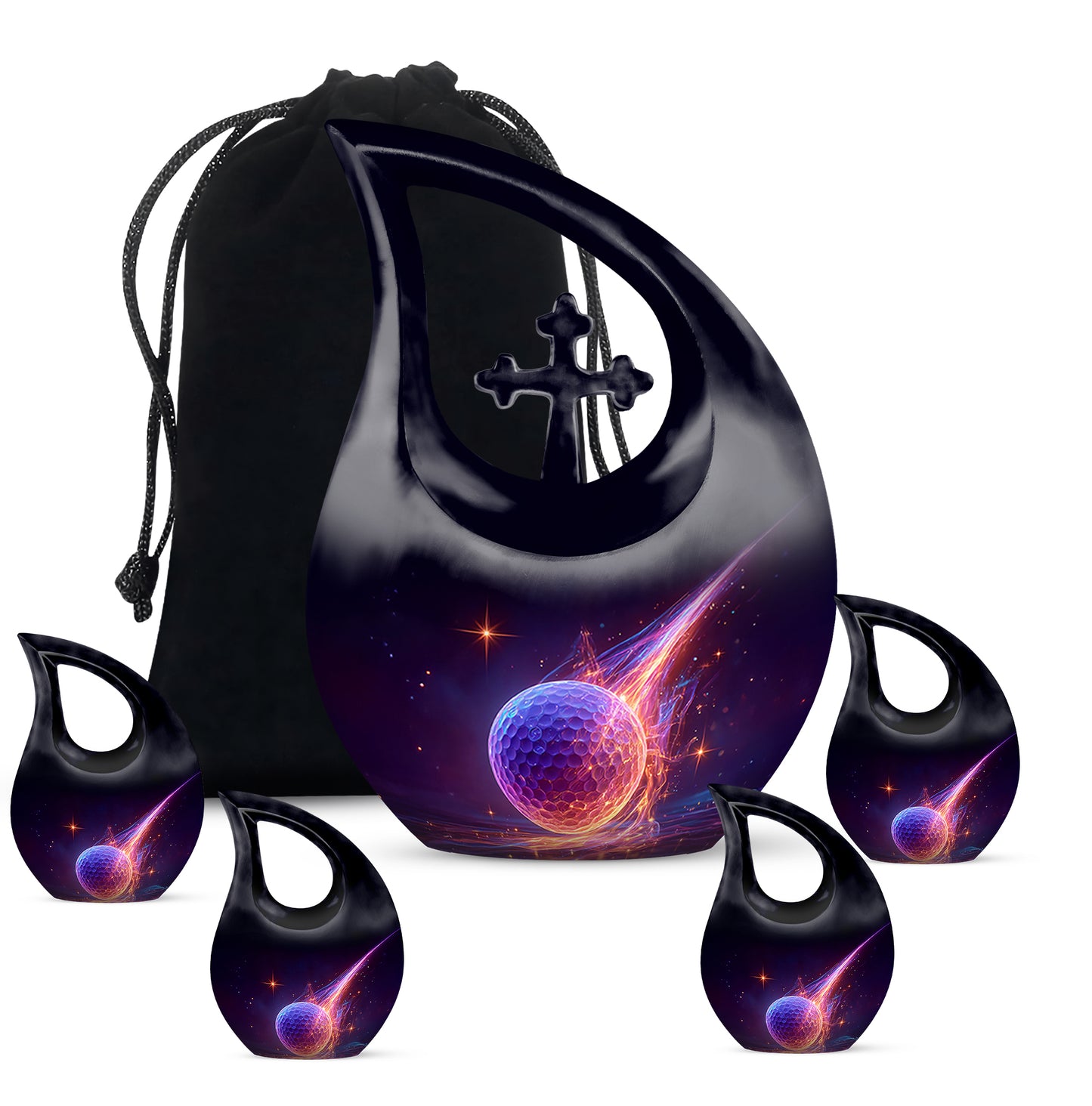 Cobalt Blue Golf Cremation Urn urn with complimentary velvet bag - faith-inspired cross-drop urn with golf pattern - memorial set with one large and four small urns