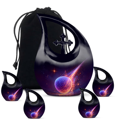Cobalt Blue Golf Cremation Urn urn with complimentary velvet bag - faith-inspired cross-drop urn with golf pattern - memorial set with one large and four small urns