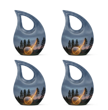 Cornflower Blue Golf Cremation Urn lifestyle display on memorial shelf - faith-inspired cross-drop urn with golf pattern - 10 inch aluminum urn for cremated remains