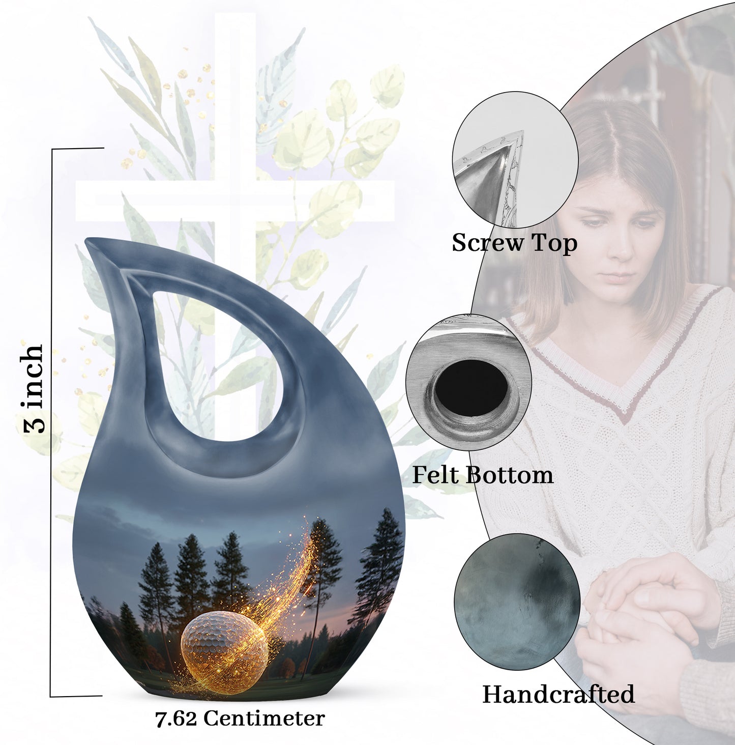 Slate Blue Golf Cremation Urn back view with polished surface - sacred cross merged with golf motif on metal - mini keepsake memorial for portion of cremation ashes