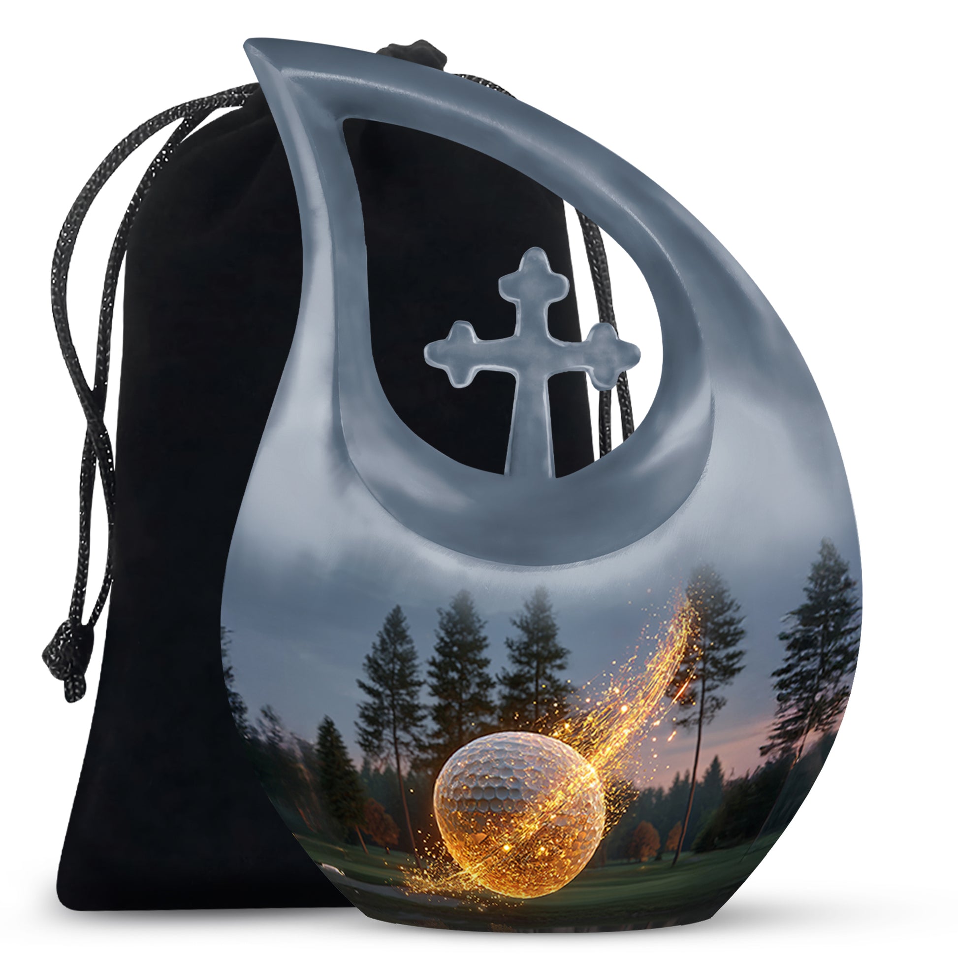 Dusty Blue Golf Cremation Urn top-down view of secure threaded lid - sacred cross merged with golf motif on metal - full-size 10 inch 200 cubic inch adult cremation urn