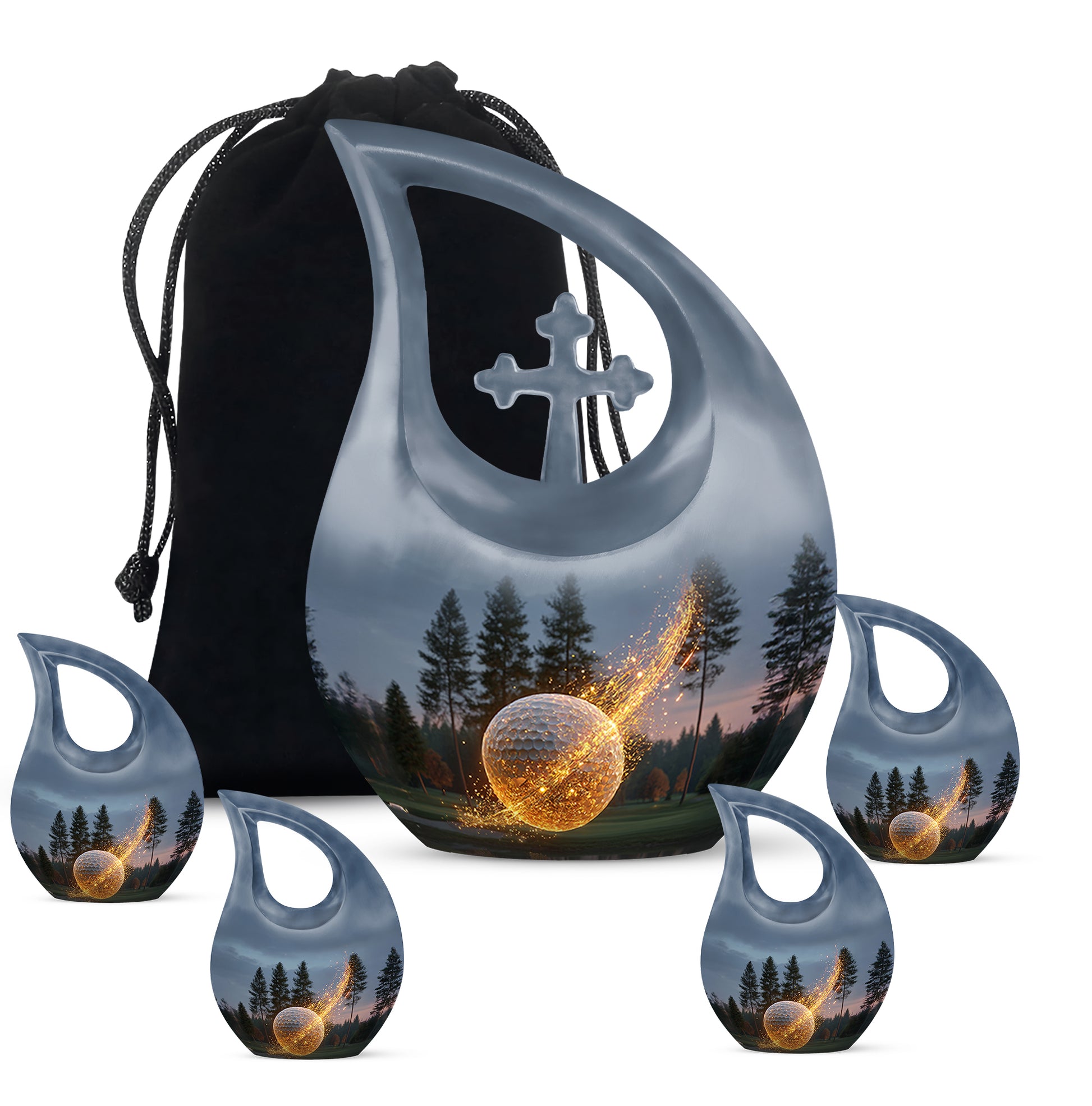 Bright Blue Golf Cremation Urn urn with complimentary velvet bag - faith-inspired cross-drop urn with golf pattern - memorial set with one large and four small urns