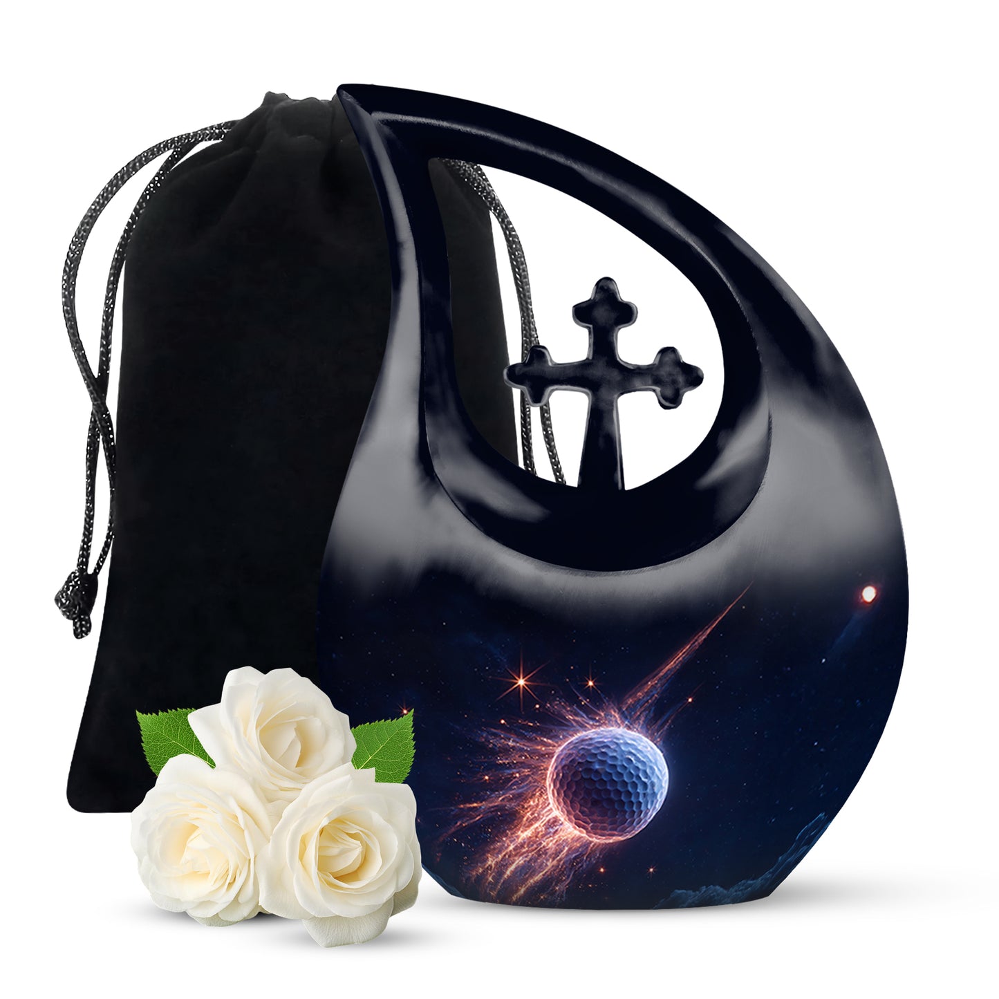 Powder Blue Golf Cremation Urn top-down view of secure threaded lid - cross and golf combined in spiritual memorial design - full-size 10 inch 200 cubic inch adult cremation urn