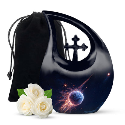 Powder Blue Golf Cremation Urn top-down view of secure threaded lid - cross and golf combined in spiritual memorial design - full-size 10 inch 200 cubic inch adult cremation urn