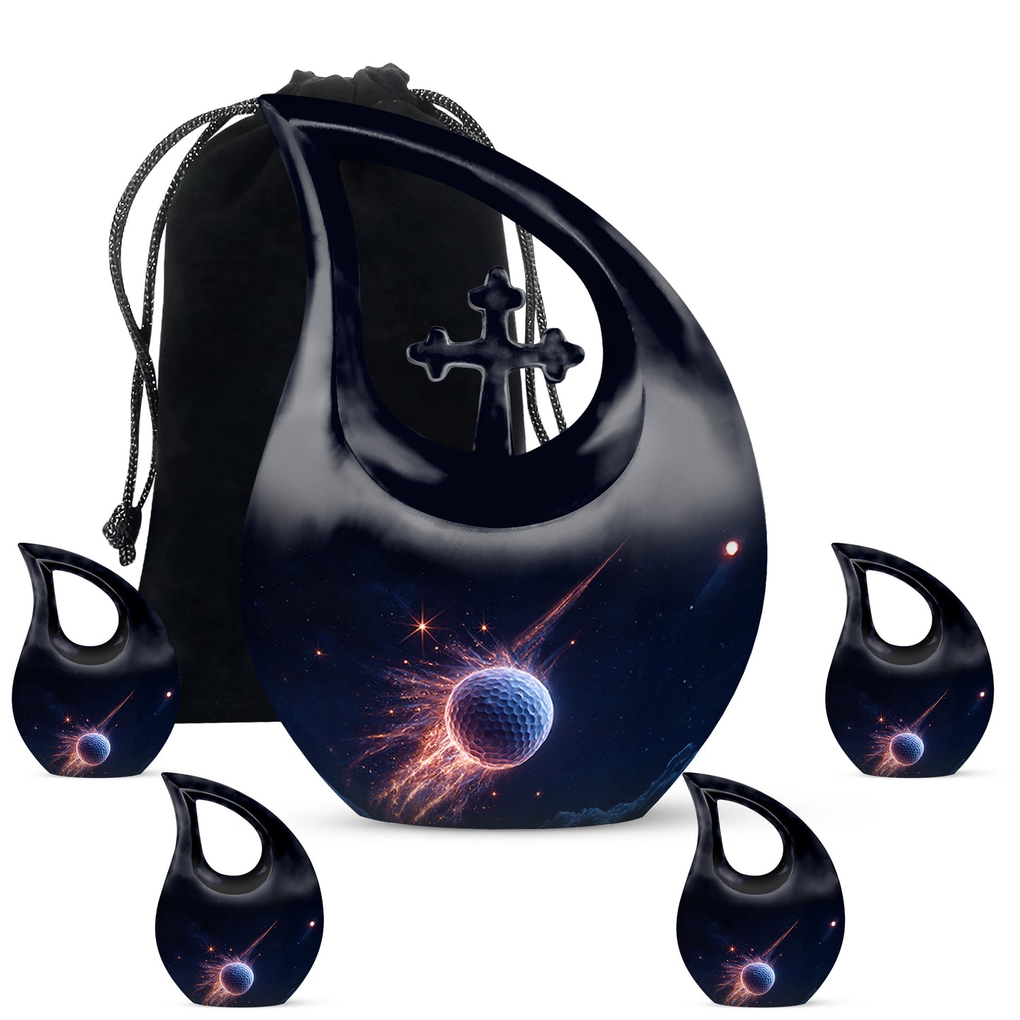 Misty Blue Golf Cremation Urn urn with complimentary velvet bag - cross and golf combined in spiritual memorial design - memorial set with one large and four small urns
