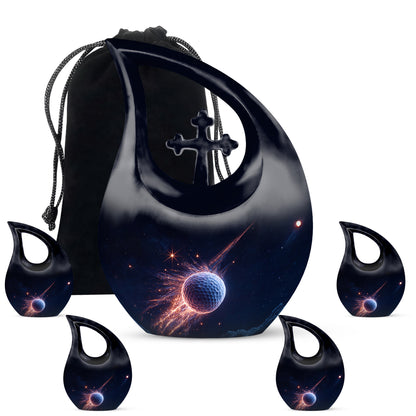 Misty Blue Golf Cremation Urn urn with complimentary velvet bag - cross and golf combined in spiritual memorial design - memorial set with one large and four small urns