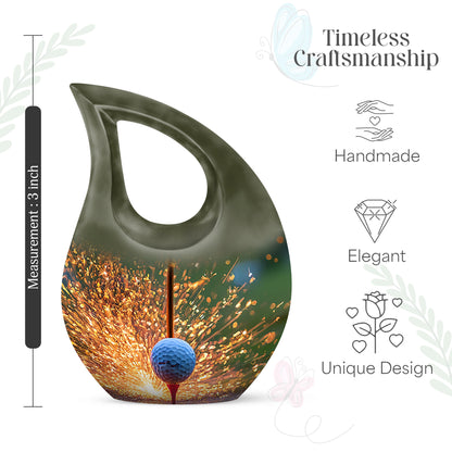 Sunrise Gold Golf Cremation Urn back view with polished surface - cross and golf combined in spiritual memorial design - mini keepsake memorial for portion of cremation ashes