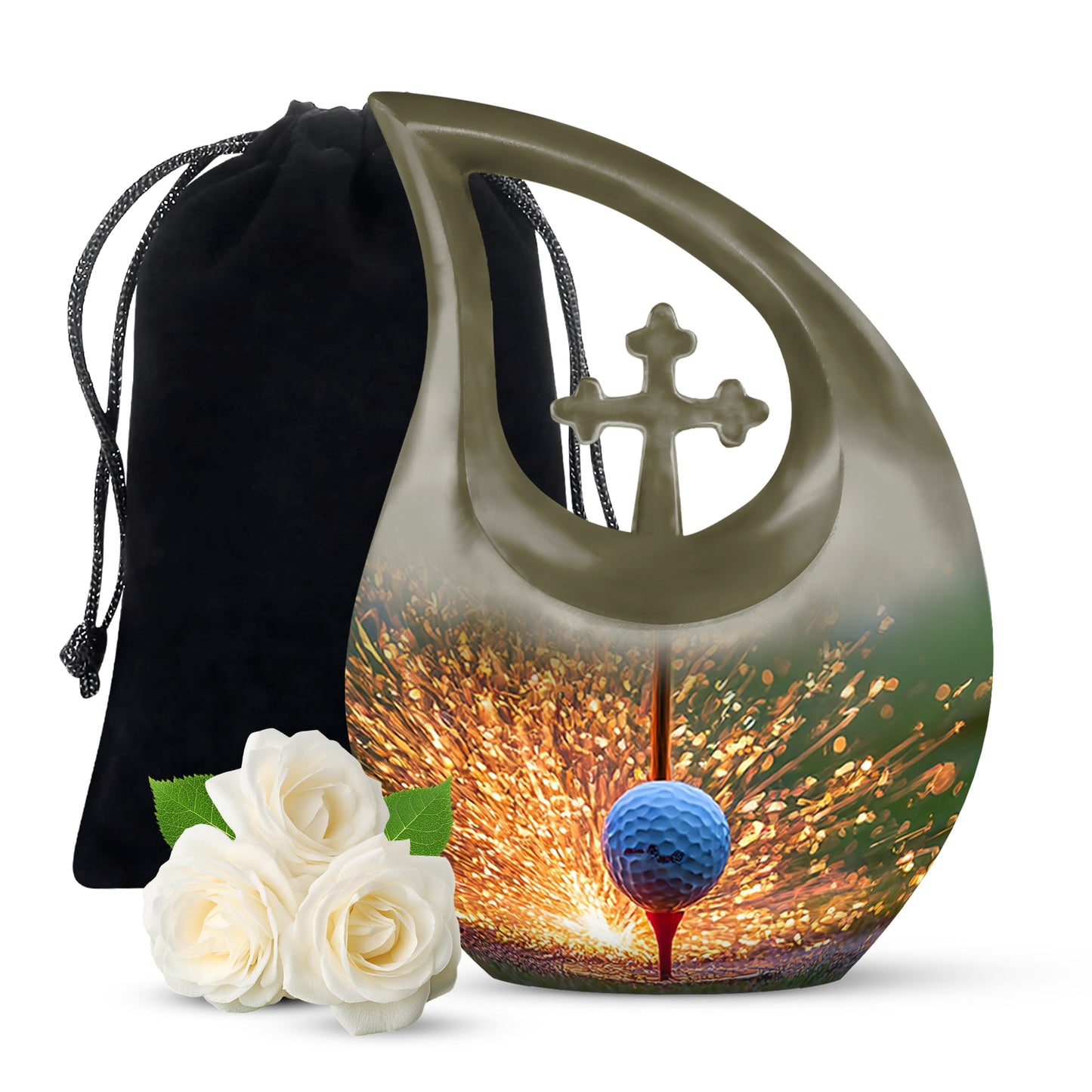 Burnished Gold Golf Cremation Urn top-down view of secure threaded lid - devotional cross-drop golf engraving - full-size 10 inch 200 cubic inch adult cremation urn