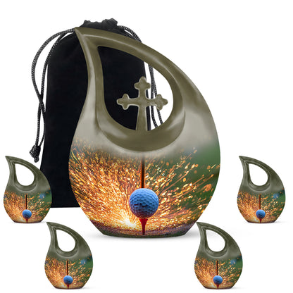 Antique Gold Golf Cremation Urn urn with complimentary velvet bag - cross and golf combined in spiritual memorial design - memorial set with one large and four small urns