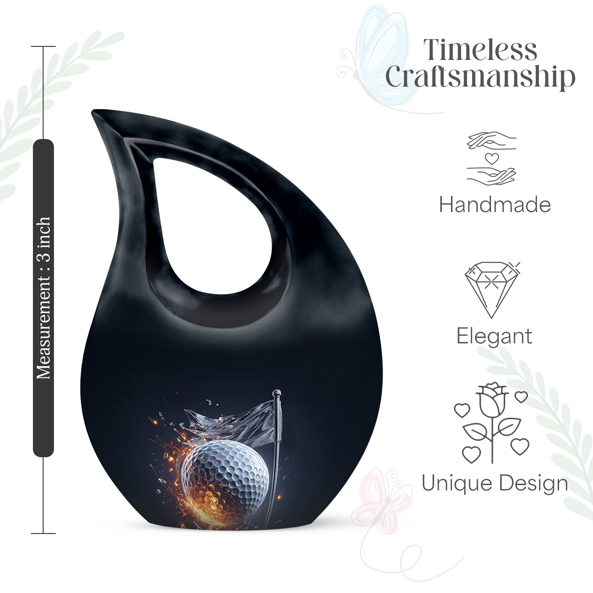 Soft Blue Golf Cremation Urn back view with polished surface - faith-inspired cross-drop urn with golf pattern - mini keepsake memorial for portion of cremation ashes