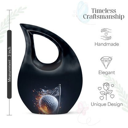 Soft Blue Golf Cremation Urn back view with polished surface - faith-inspired cross-drop urn with golf pattern - mini keepsake memorial for portion of cremation ashes