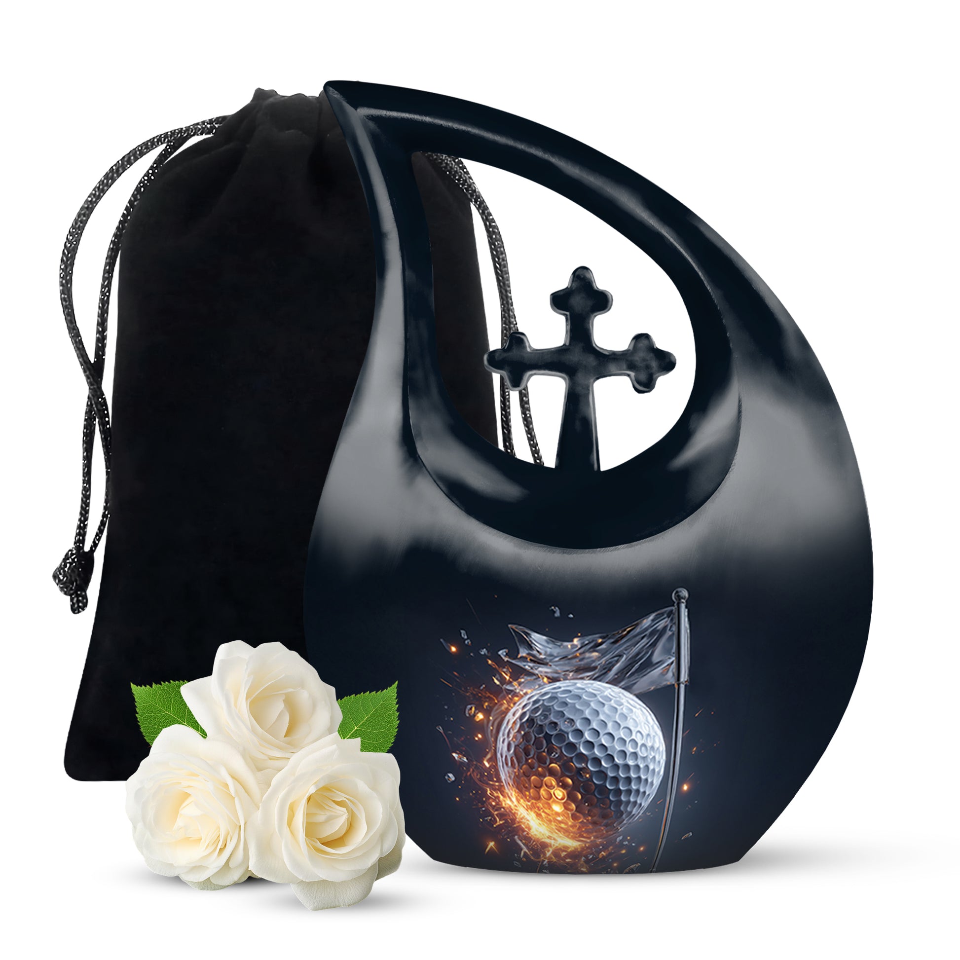 Calming Blue Golf Cremation Urn top-down view of secure threaded lid - faith-inspired cross-drop urn with golf pattern - full-size 10 inch 200 cubic inch adult cremation urn