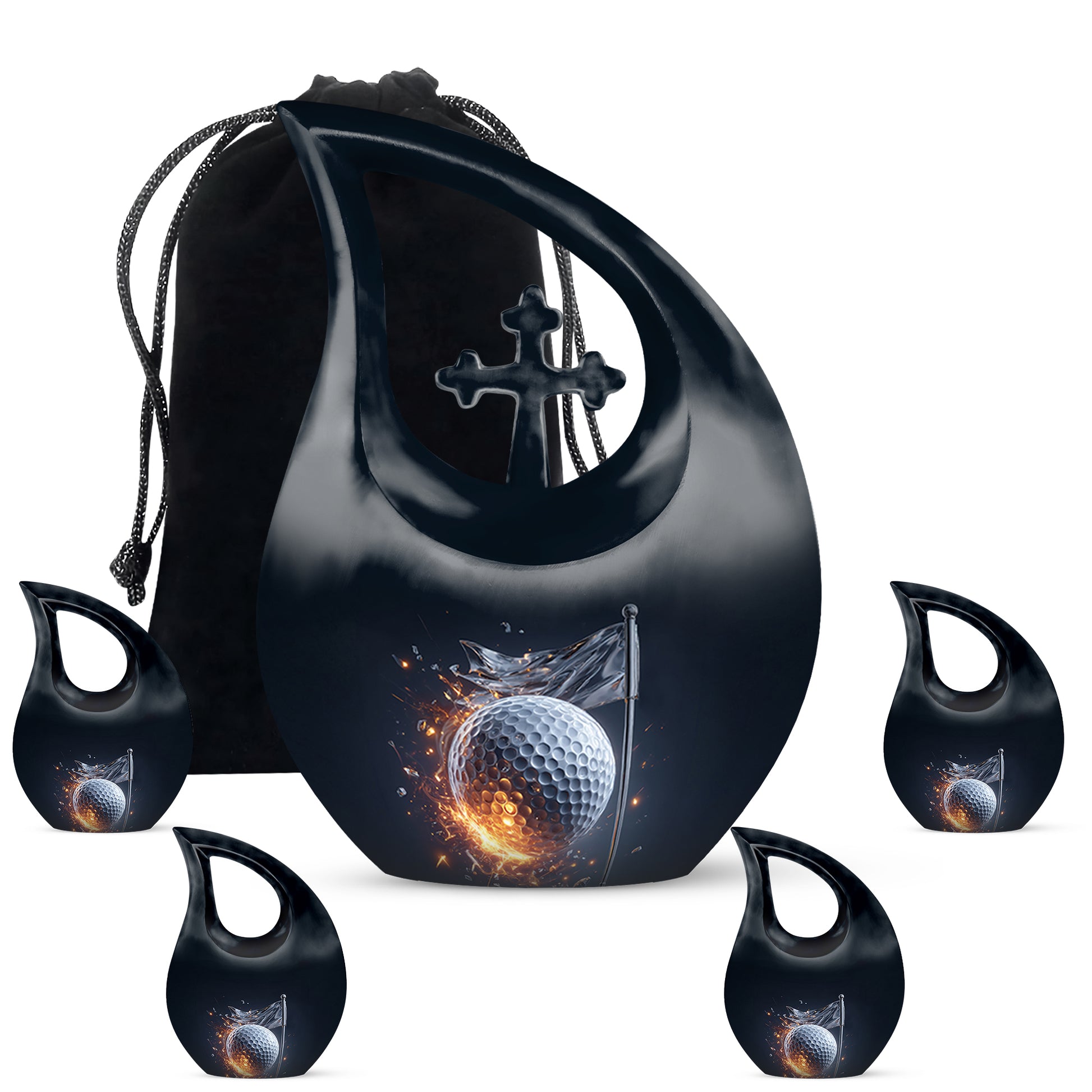 Sapphire Blue Golf Cremation Urn urn with complimentary velvet bag - faith-inspired cross-drop urn with golf pattern - memorial set with one large and four small urns