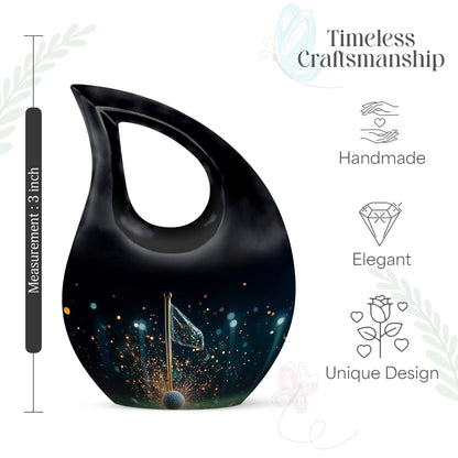 Rich Black Golf Cremation Urn back view with polished surface - sacred cross merged with golf motif on metal - mini keepsake memorial for portion of cremation ashes